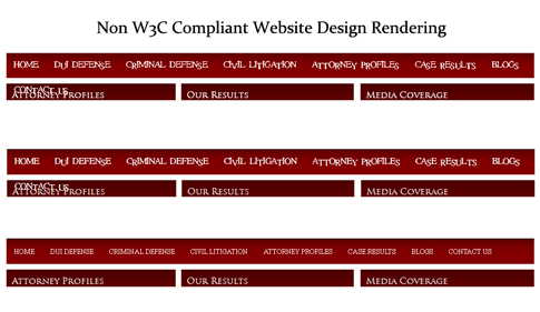 Code Errors Seen by Website Visitors. Non W3C Compliant website rendering in various browsers.